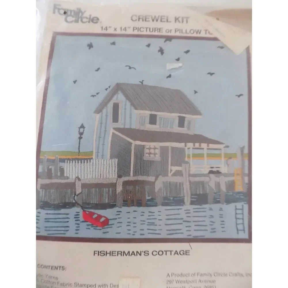 Vintage Family Circle Crewel Kit 14 x 14 picture or pillow top 1973 Fisherman's